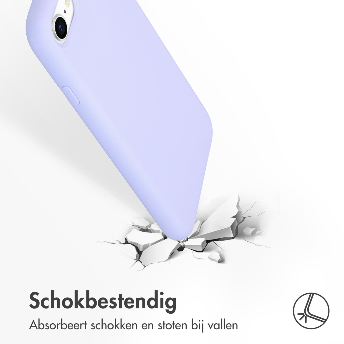 Un smartphone violet dans une coque de protection percute une surface dure et fissurée.