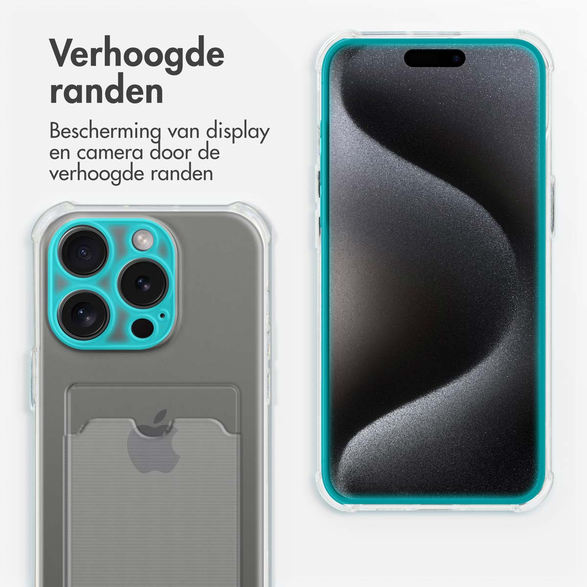 Een doorzichtige telefoonhoes met verhoogde randen voor camera en display.