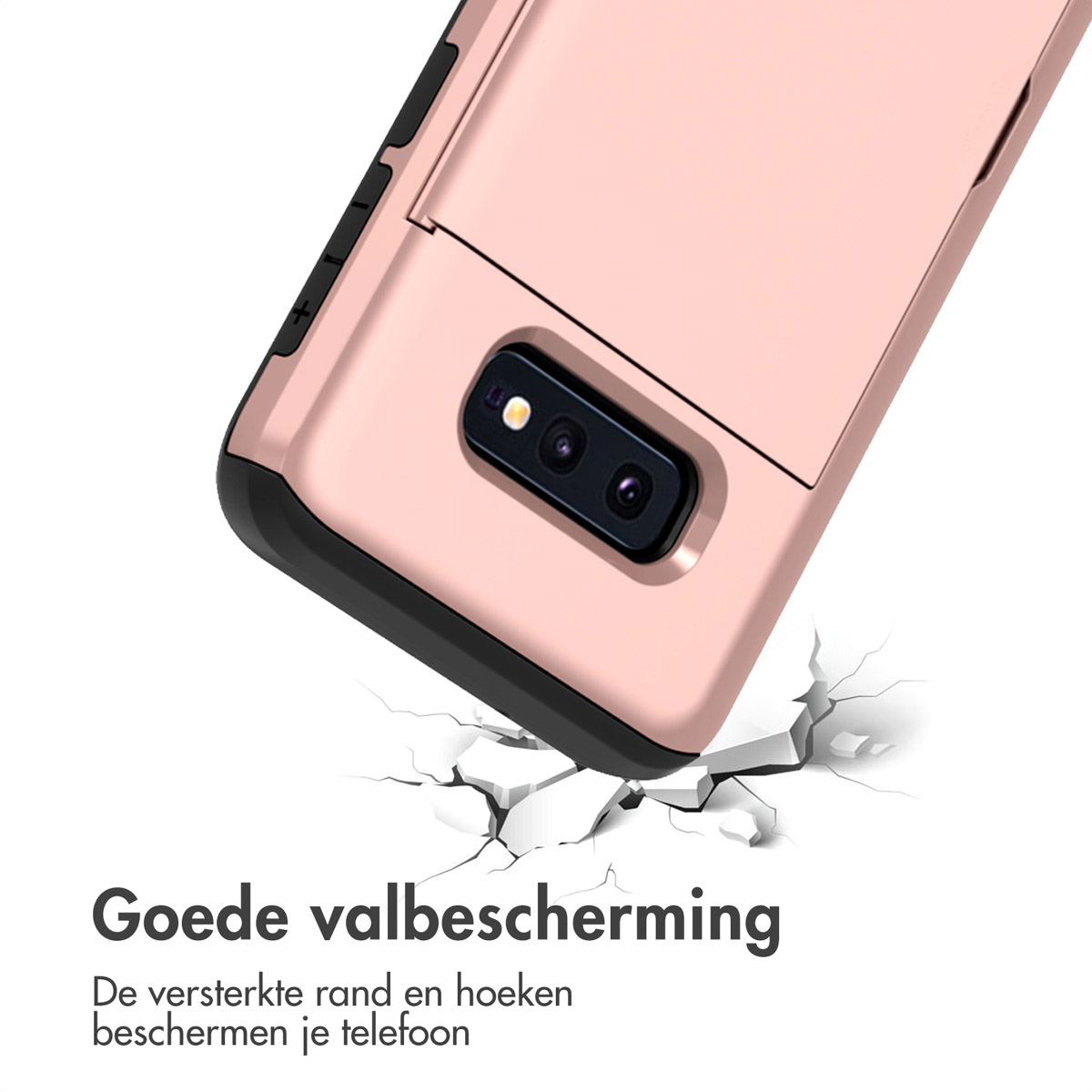 Een telefoonhoesje en een telefoon. Tekst luidt 'Goede valbescherming' en toont een gebarsten oppervlak.