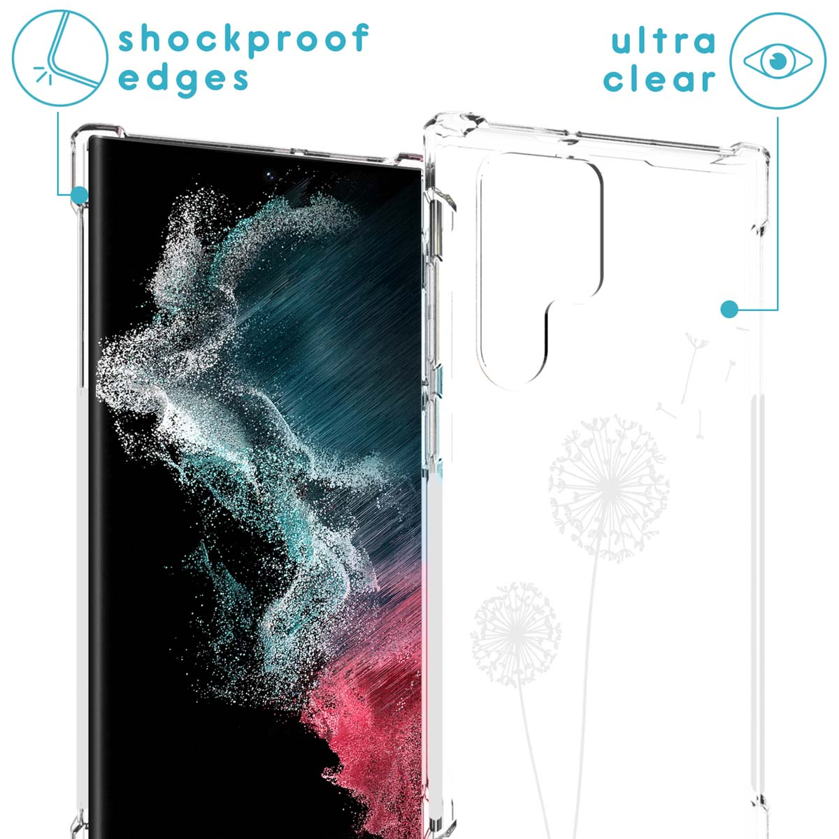 Clear phone case with dandelion design. Shockproof edges and ultra clear appearance are highlighted.
