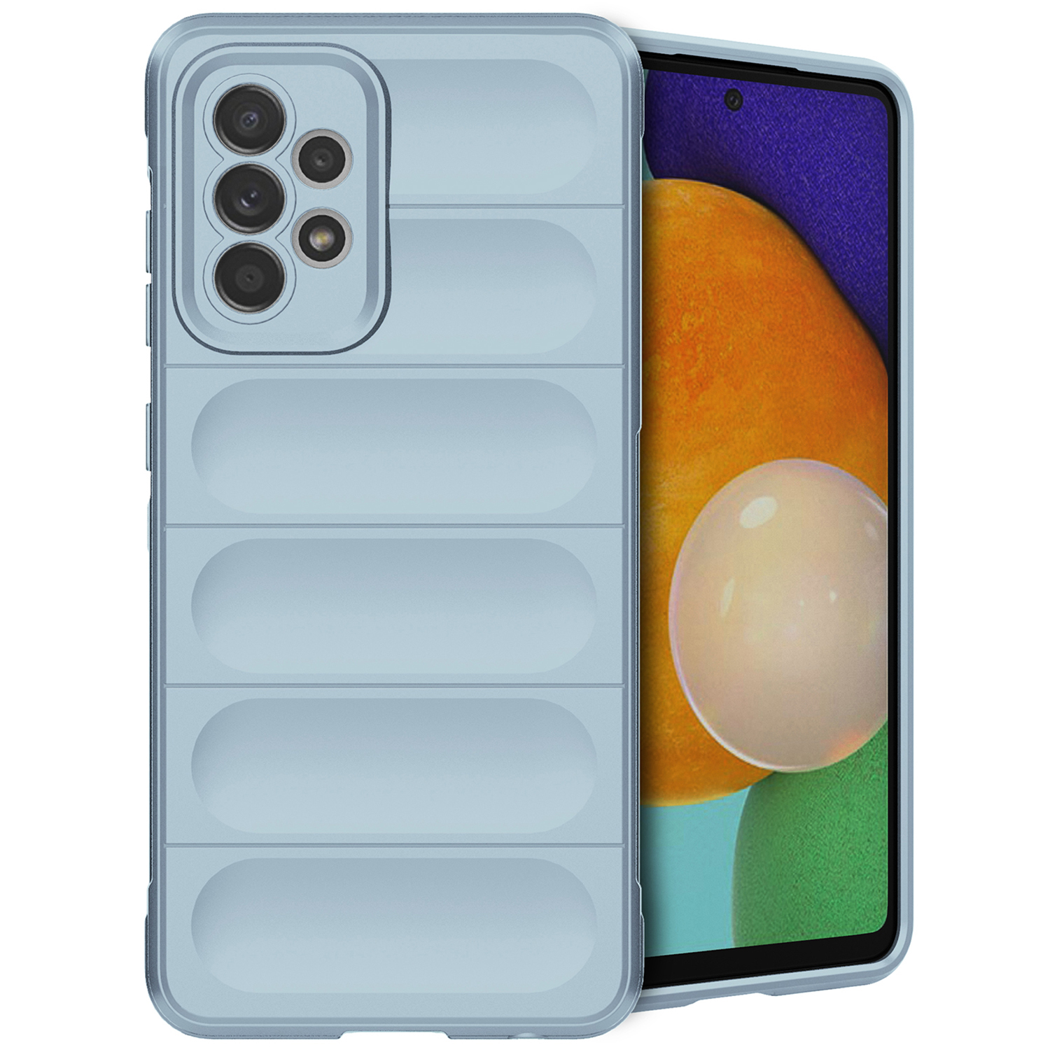 Blauwe telefoonhoes op een telefoon. De hoes heeft een gewatteerd ontwerp.