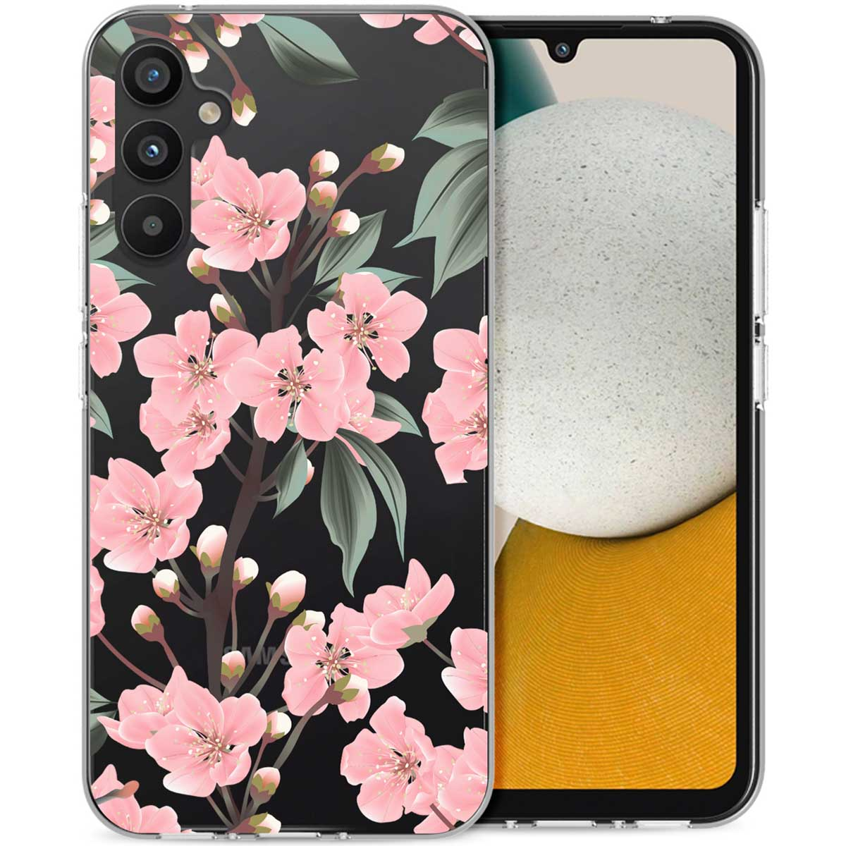 Transparante telefoonhoes met roze bloemenpatroon. De telefoon is zichtbaar.