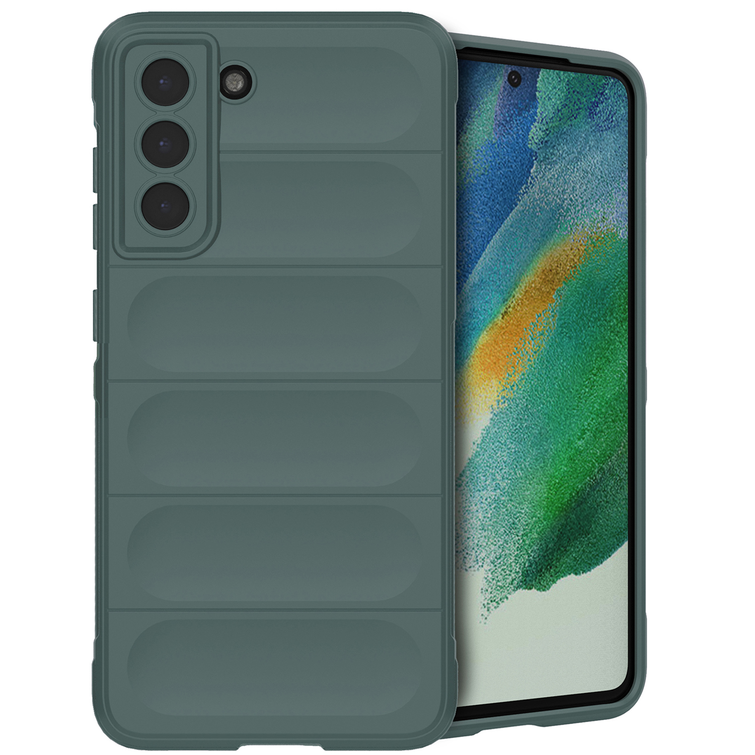 Coque verte avec lignes verticales, sur un téléphone avec écran vert et blanc.