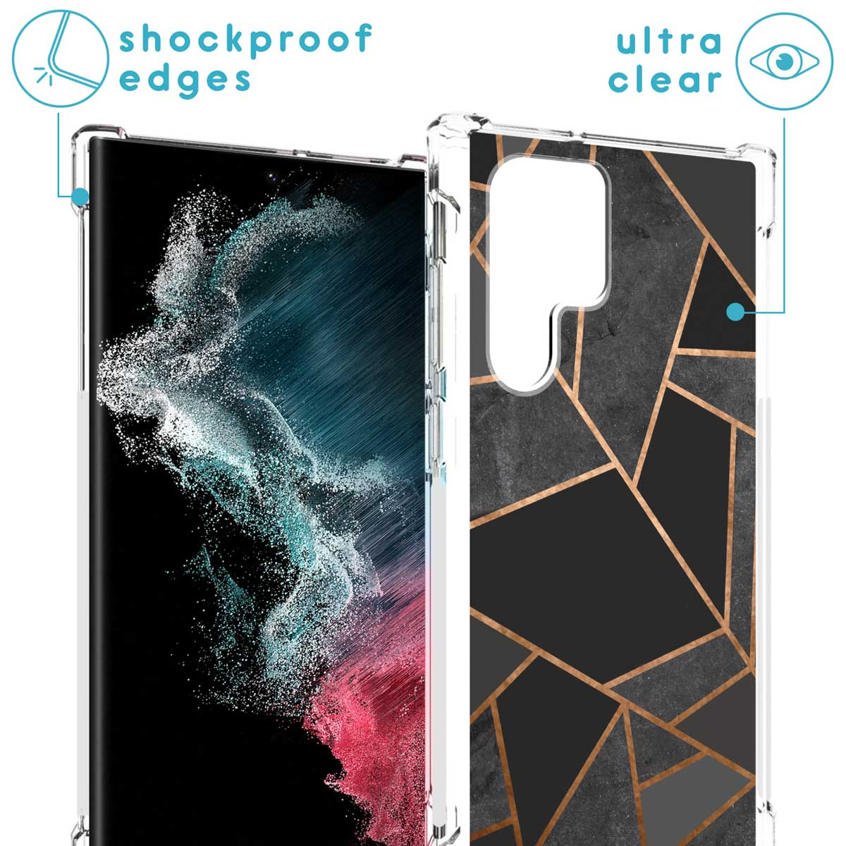 Clear phone case with a geometric pattern. It has shockproof edges and a clear back with gold details.
