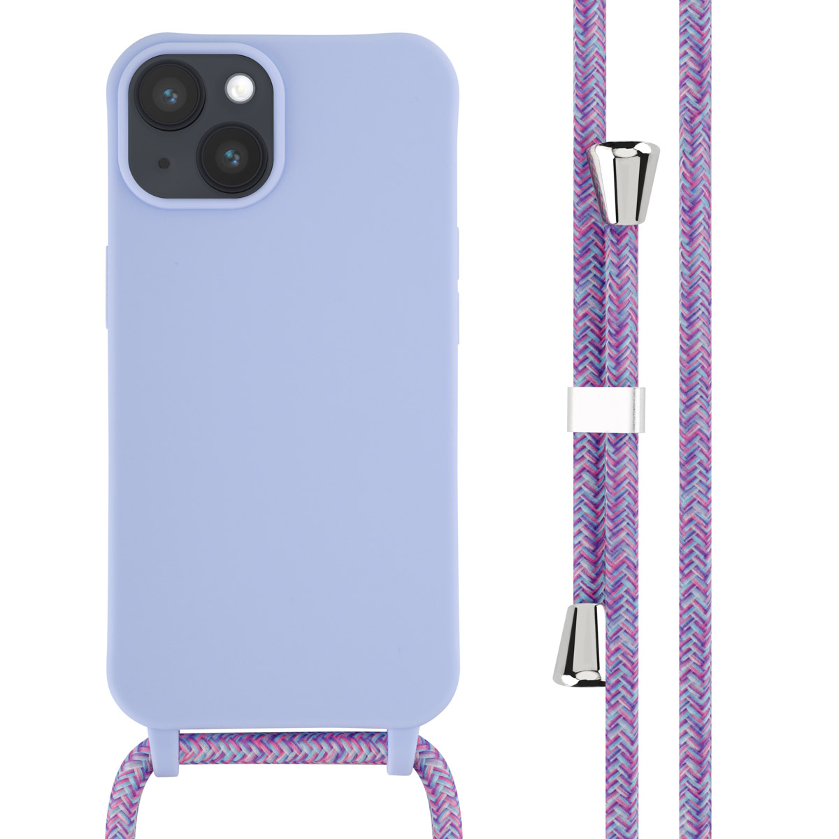 Lila Handyhülle mit passendem gewebten Lanyard in Lila und Pink. Ein Telefon befindet sich in der Hülle.