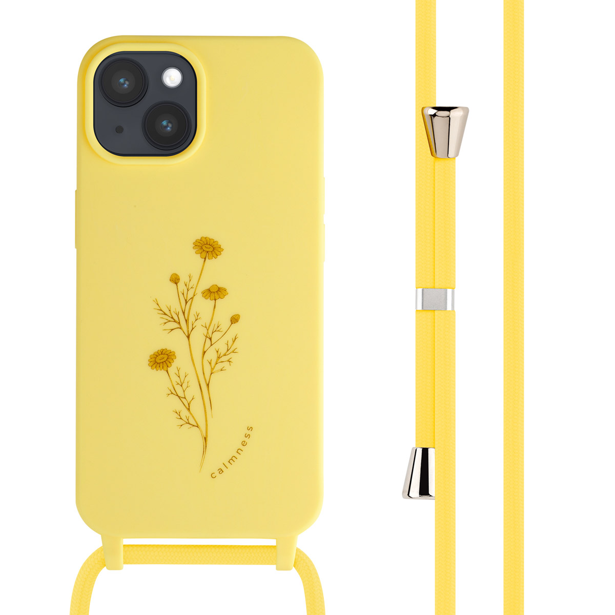 Gele telefoonhoes met madeliefontwerp en een geel koord. Zilveren hardware. Wit.