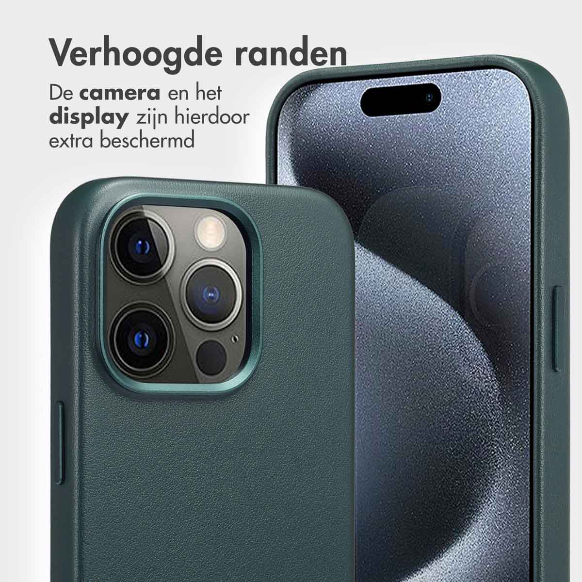 Coque verte avec bords surélevés et téléphone. Texte: 'Bords surélevés...protection supplémentaire'.