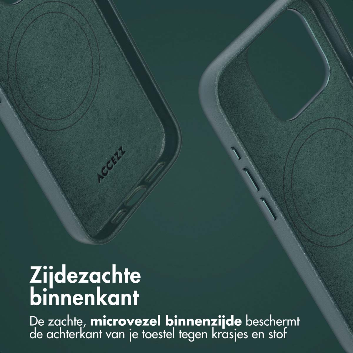 Deux coques de téléphone vertes. L'une affiche la marque ACCEZZ. Les coques ont un intérieur en microfibre doux pour protéger des rayures.