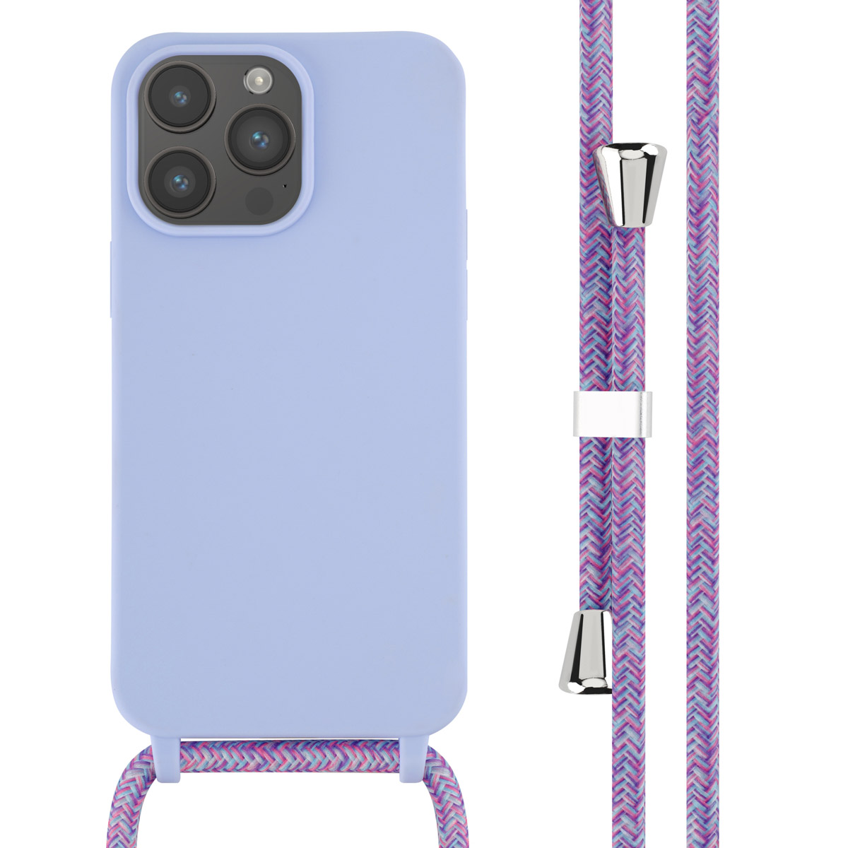 Hellblaue Handyhülle mit lila und pinkfarbenem Lanyard. Silberne Akzente.
