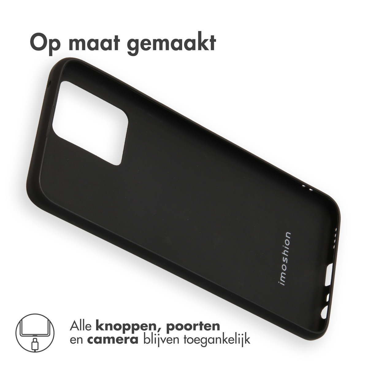 Coque de téléphone noire avec découpes pour appareil photo et ports.