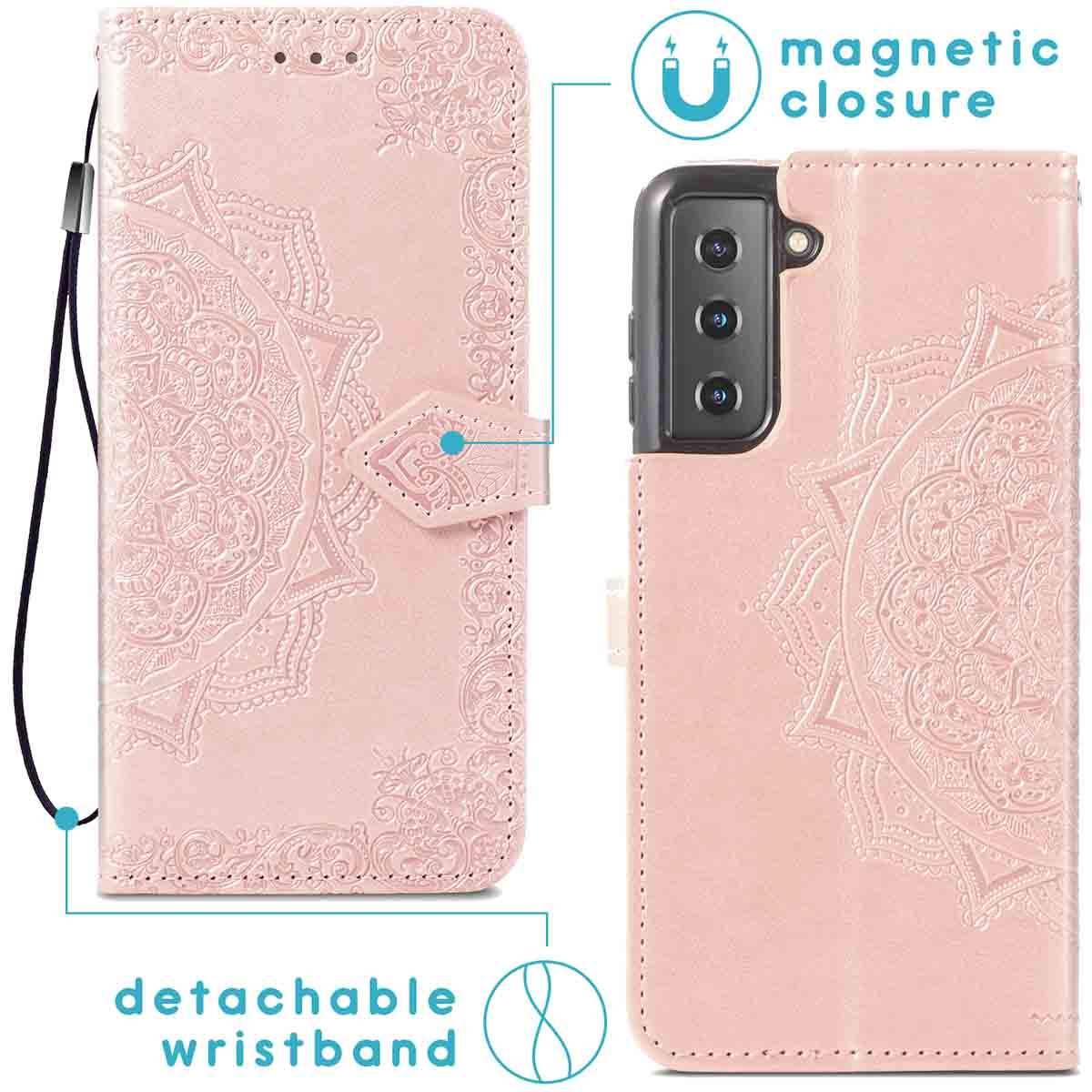 Roze telefoonhoes met reliëf mandala, magneetsluiting en afneembare polsband.
