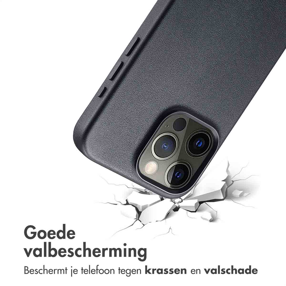 Telefoonhoes met telefoon valt op gebarsten grond. Tekst: 'Goede valbescherming'.