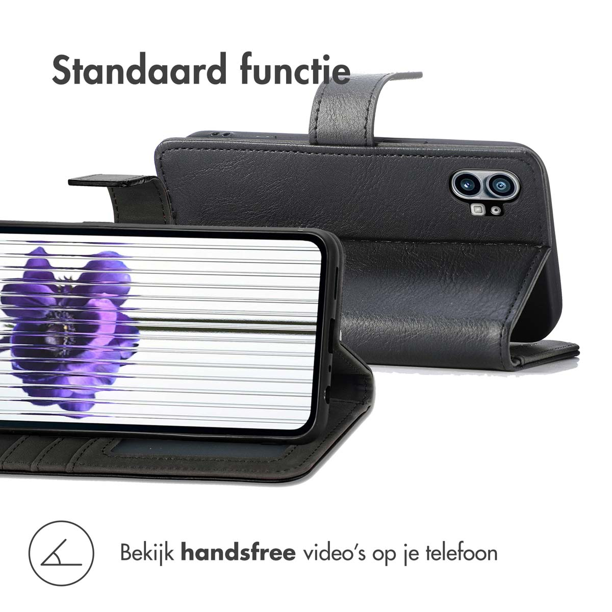 Zwarte telefoonhoes open, met paarse bloemen op scherm. Standaard functie.