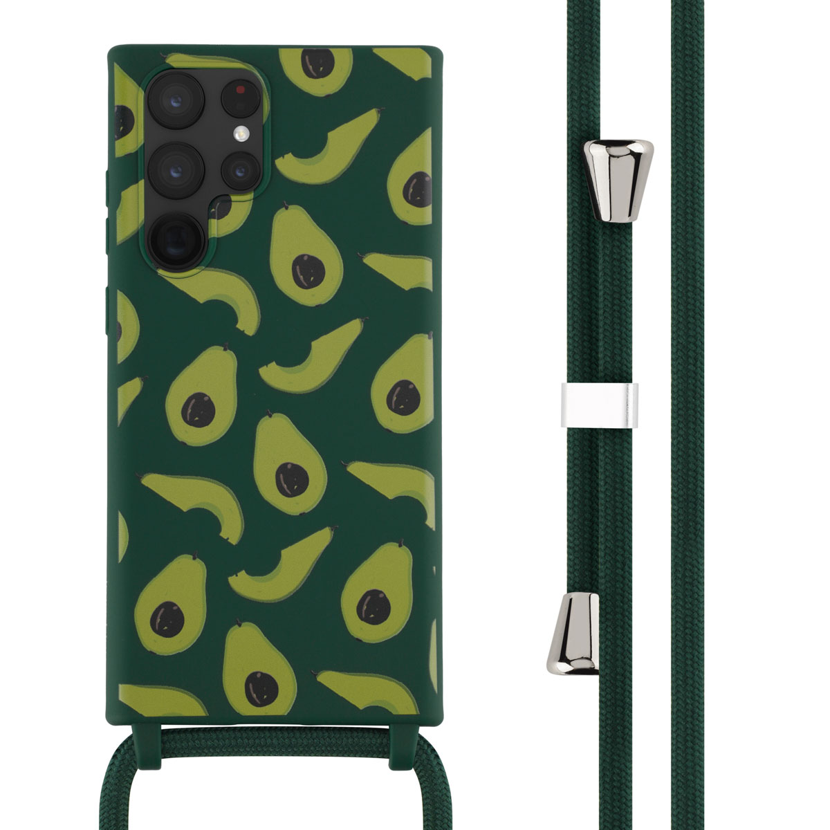 Groene telefoonhoes met avocado-patroon. Een groen koord is aan de hoes bevestigd. Eenvoudig ontwerp.