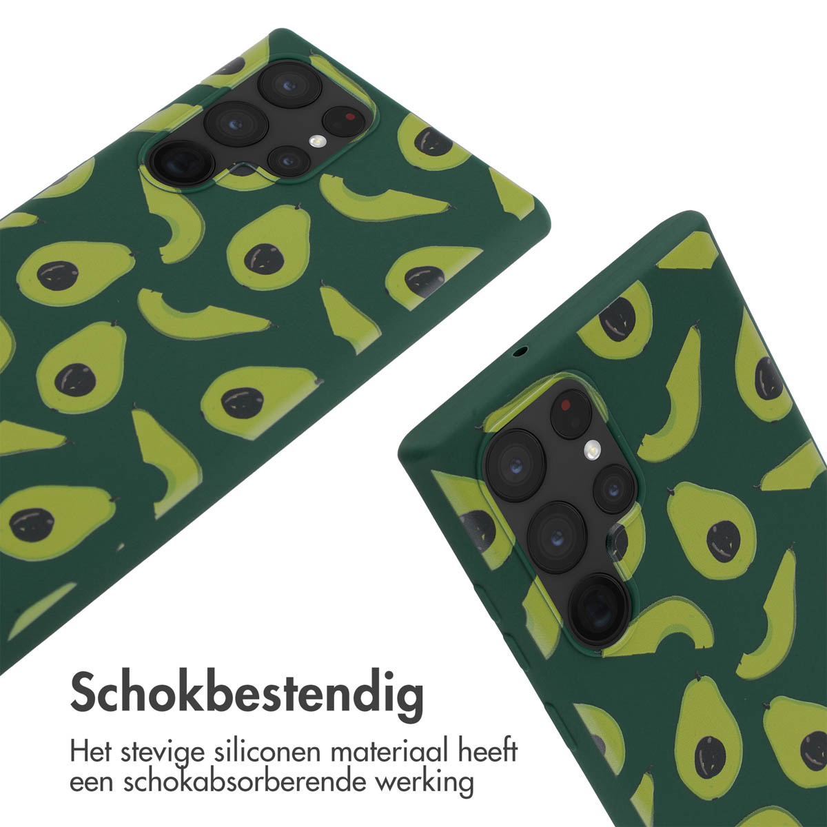 Donkergroene telefoonhoes met avocadoprint, twee hoesjes zichtbaar.