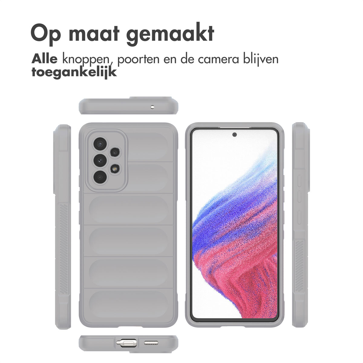 Coque de téléphone grise avec design. Texte : Fabriqué sur mesure, Tous les boutons, ports et la caméra restent accessibles.
