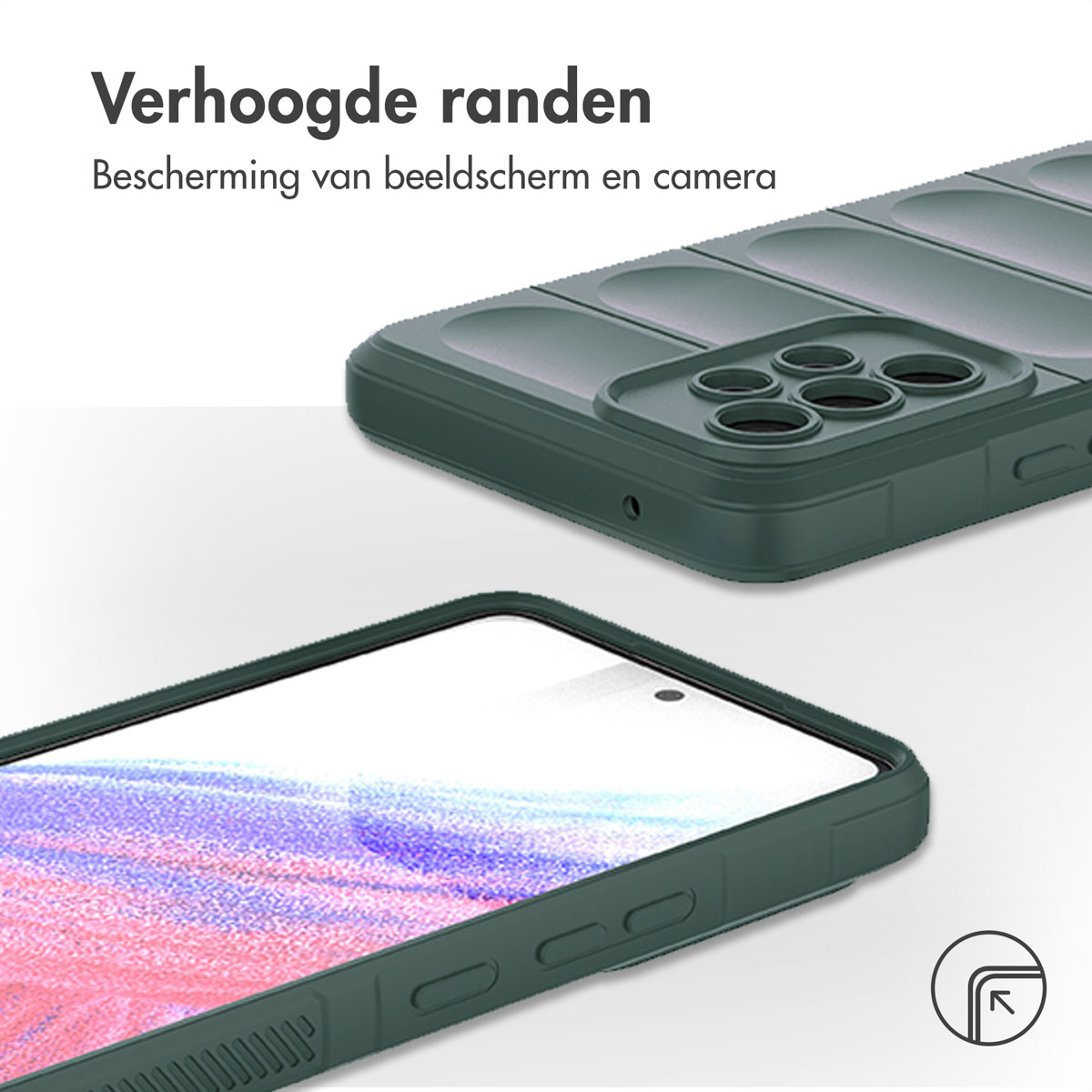Coque de téléphone vert foncé avec bords surélevés pour protéger écran et appareil photo.
