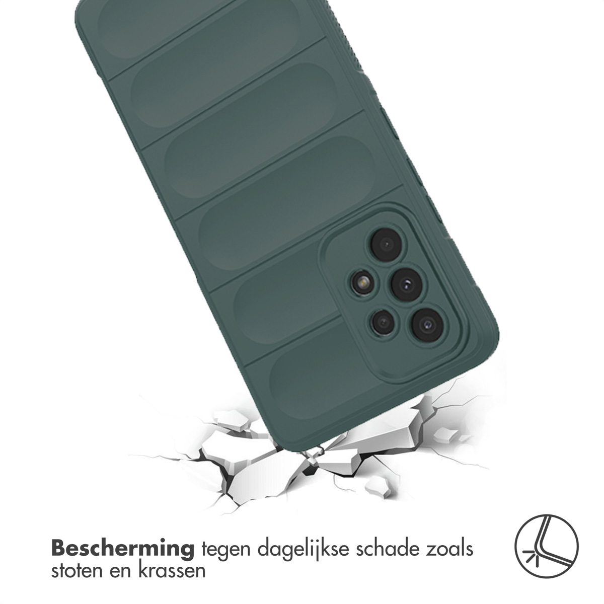 Coque de téléphone verte avec découpe caméra, tombant sur surface craquelée.