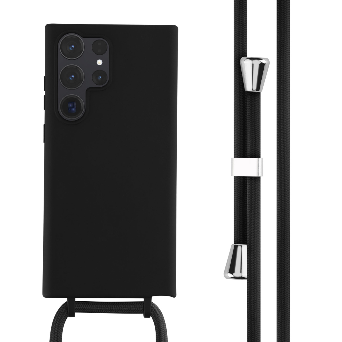 Coque de téléphone noire avec une sangle noire et des accents métalliques argentés.