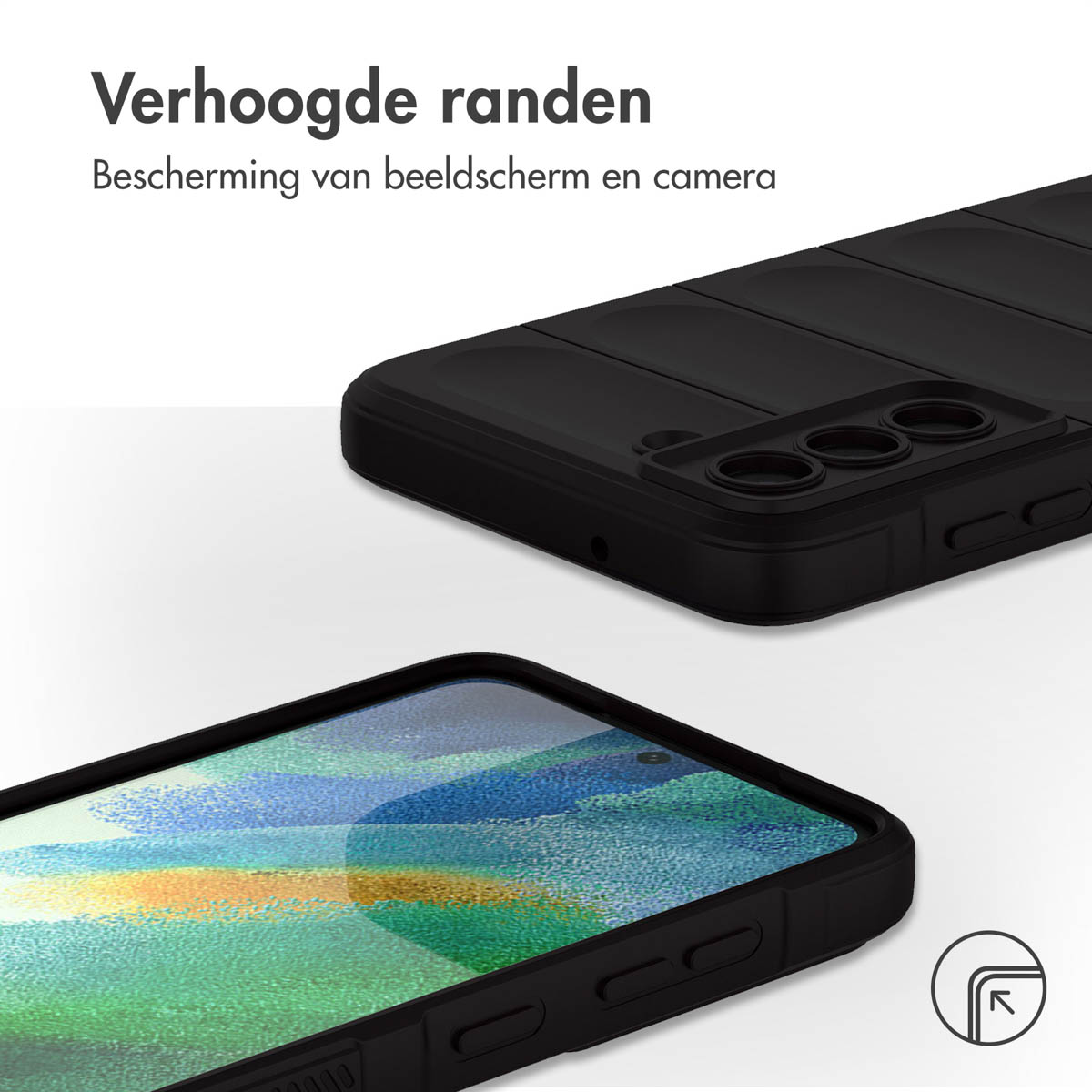 Zwarte telefoonhoes met verhoogde randen voor scherm- en camerabescherming.