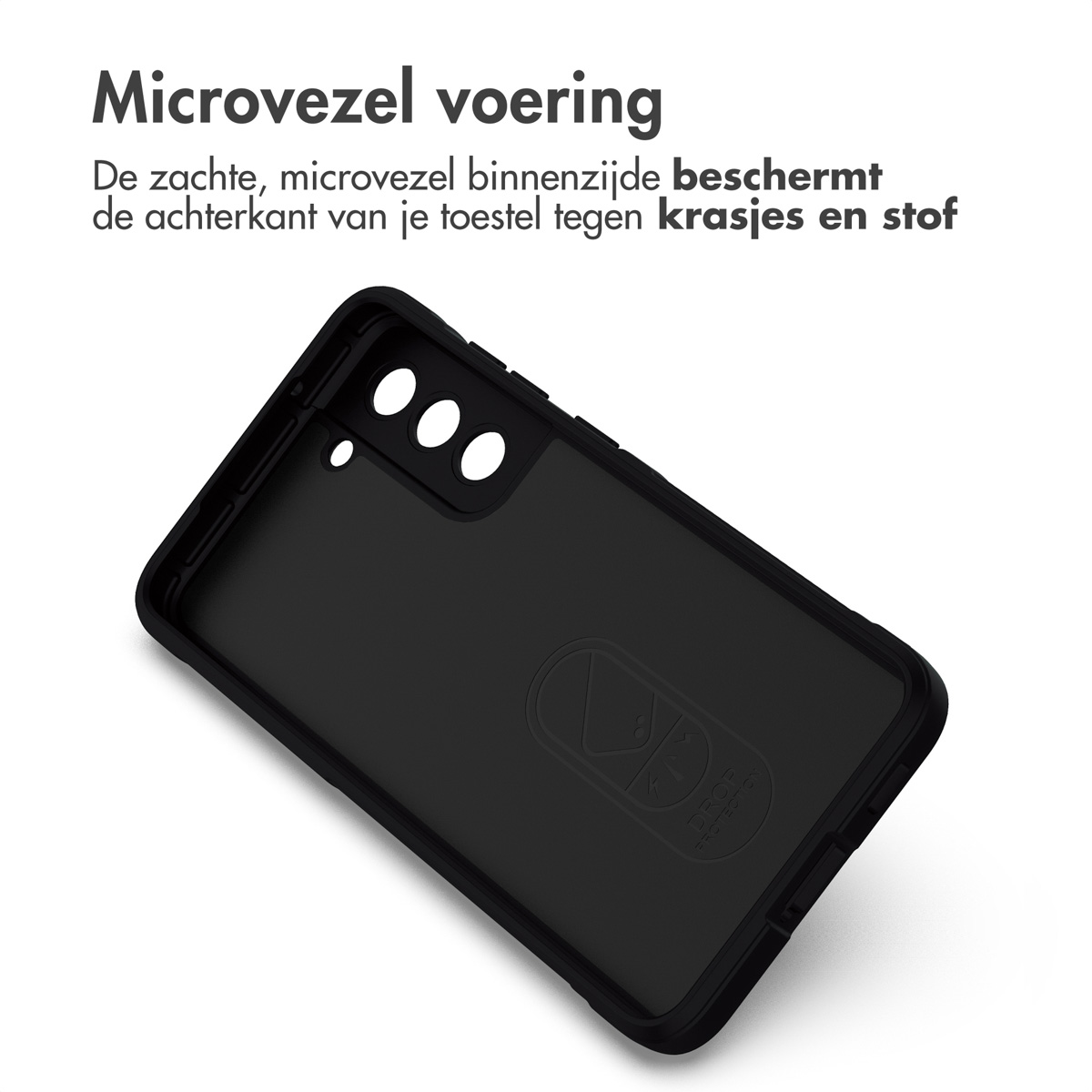 Zwarte telefoonhoes met microvezel voering en 'Drop Protection' logo.