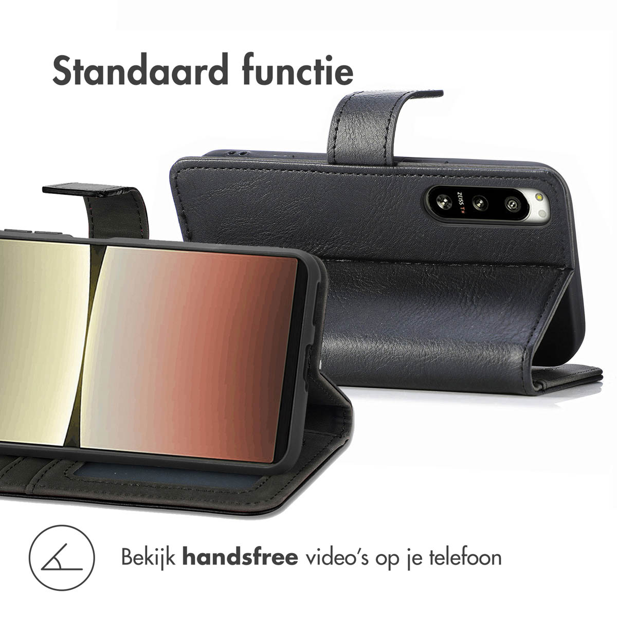 Étui en cuir noir pour téléphone en fonction de support, écran visible.