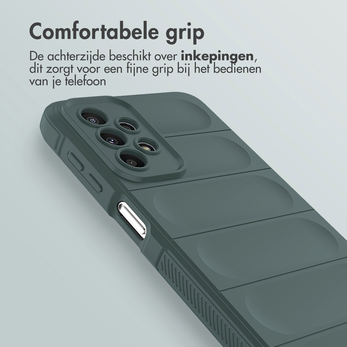 Dark green phone case with a textured back. The phone is inside.