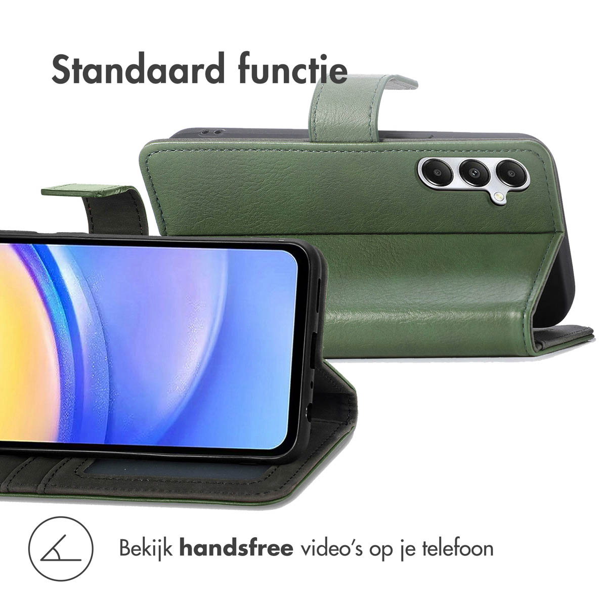 Groene telefoonhoes met een klepje en een telefoon erin. Toont de telefoon.