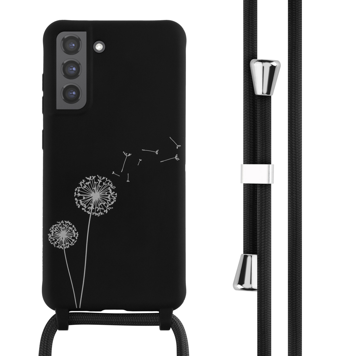 Zwarte telefoonhoes met paardenbloemontwerp en zwart koord. Zilveren hardware. Wit.