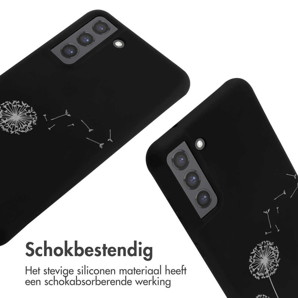 Twee zwarte telefoonhoesjes met paardenbloemprint en camerapanelen.