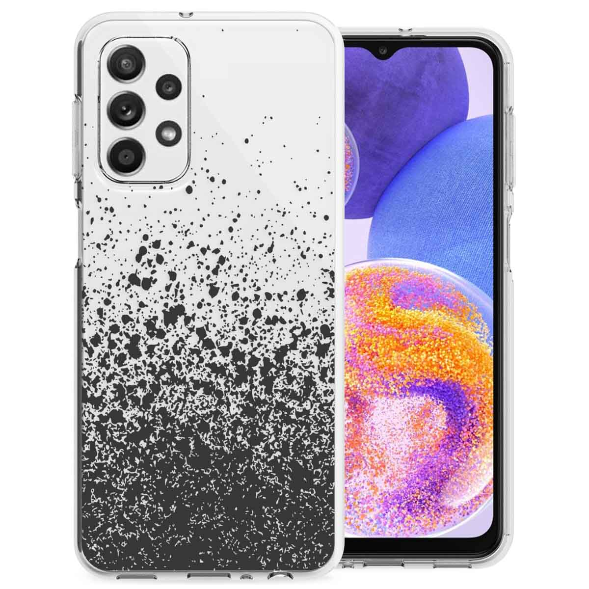 Coque de téléphone avec éclaboussures noires sur fond blanc. Écran du téléphone visible à droite.