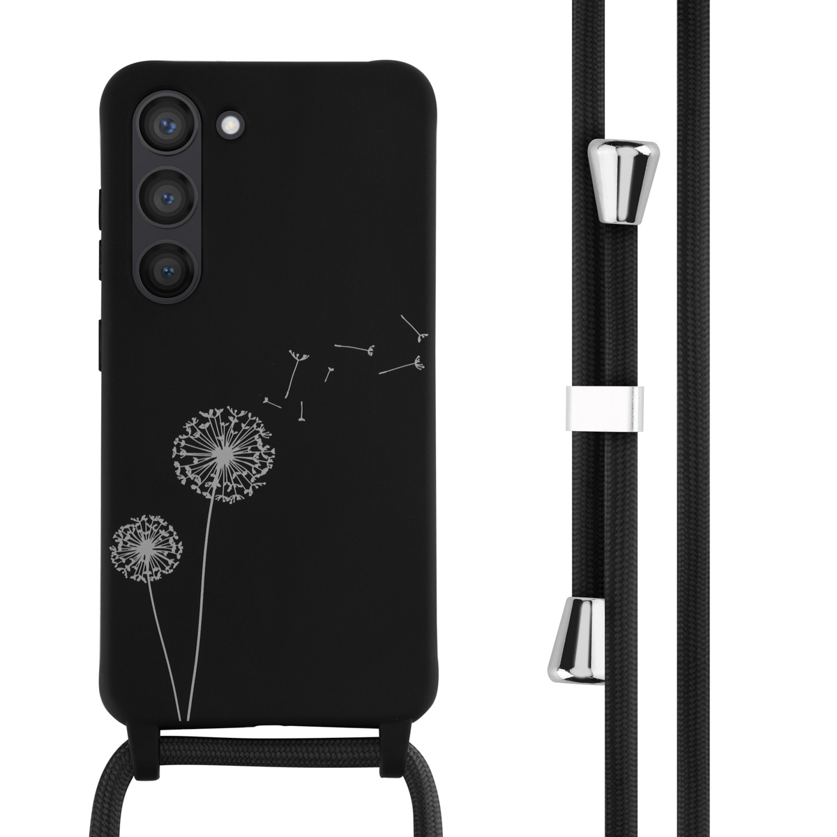 Zwarte telefoonhoes met paardenbloemontwerp en een zwarte riem. De telefoon zit erin.