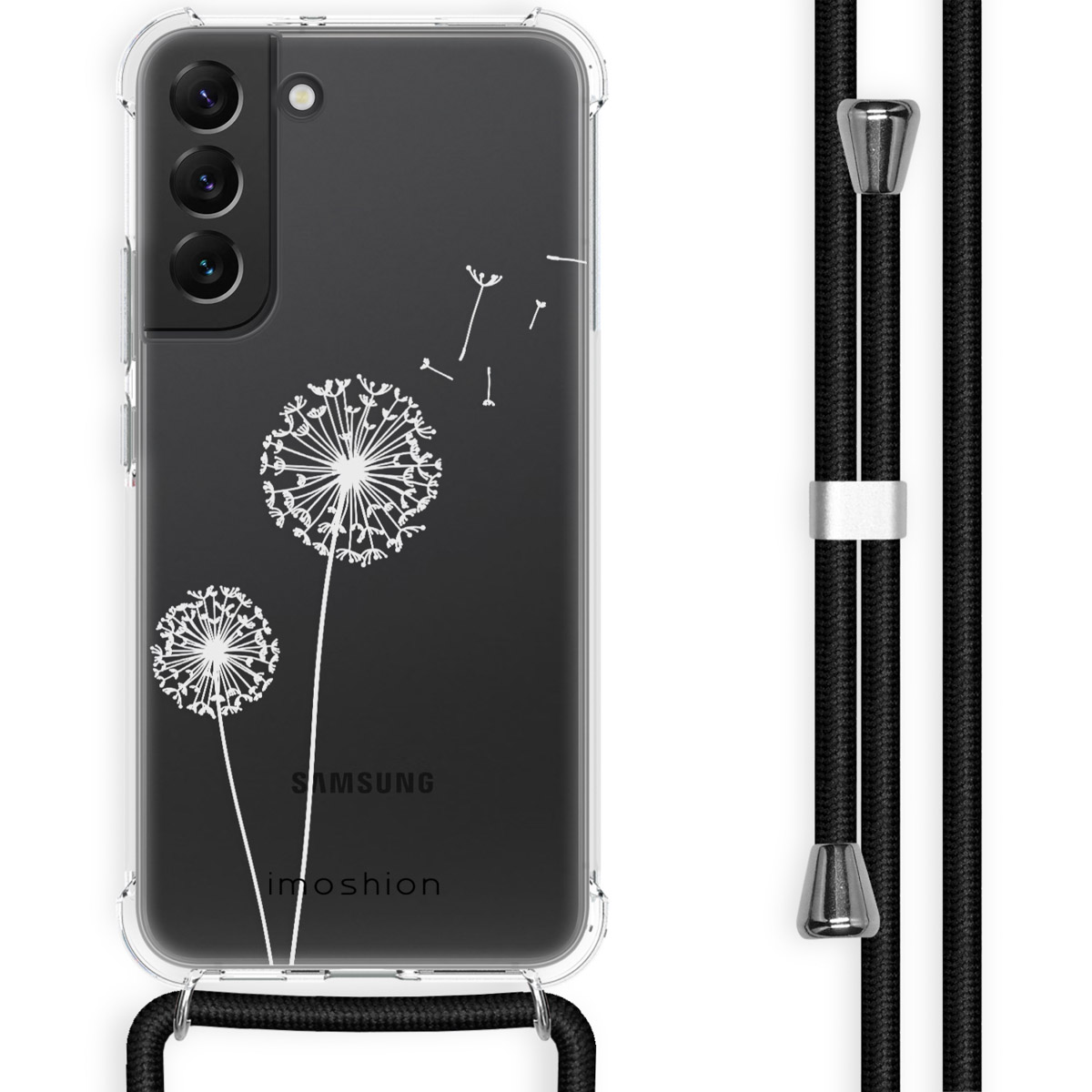 Coque de téléphone transparente avec motif pissenlit blanc et lanière noire.