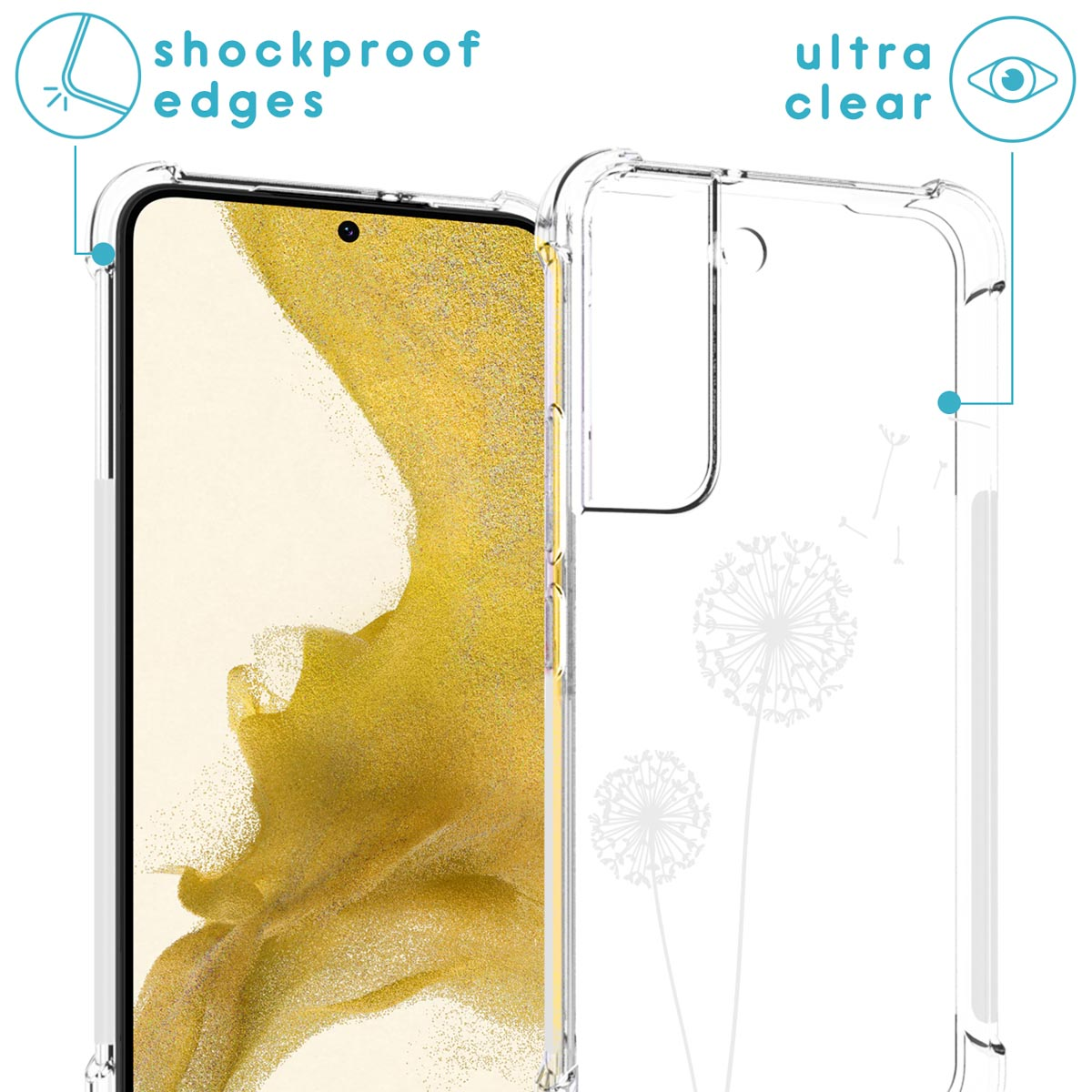 Une coque de téléphone transparente, montrant un téléphone avec un fond jaune. Texte : bords antichoc et ultra clair.