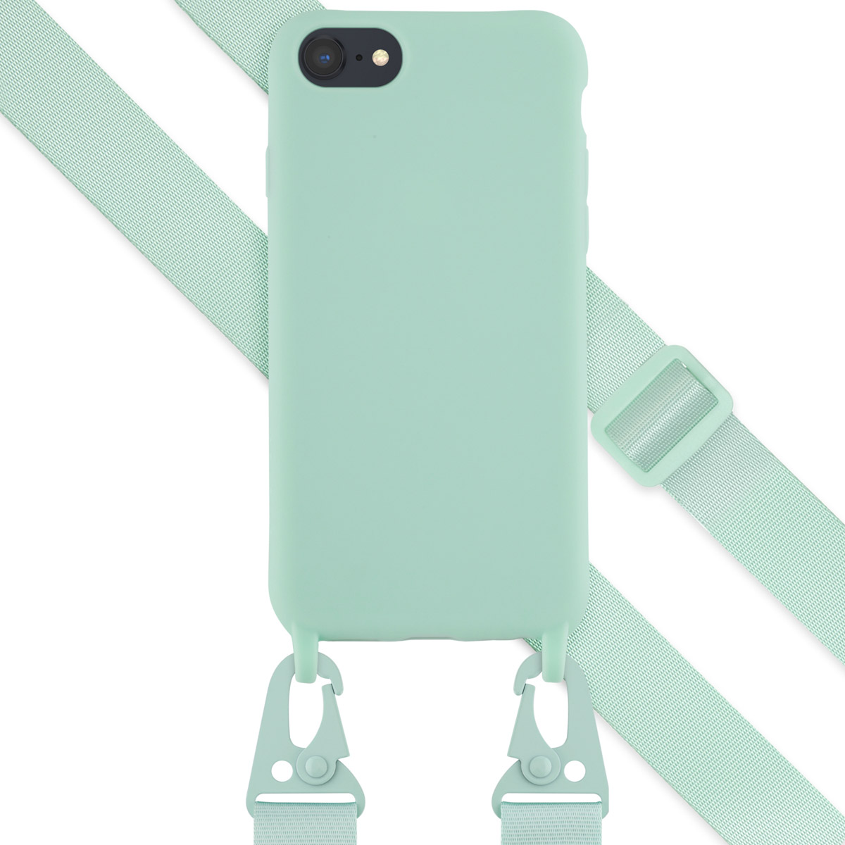 Mintgroene telefoonhoes met mint band. De telefoon heeft één camera. Haken verbinden de hoes.