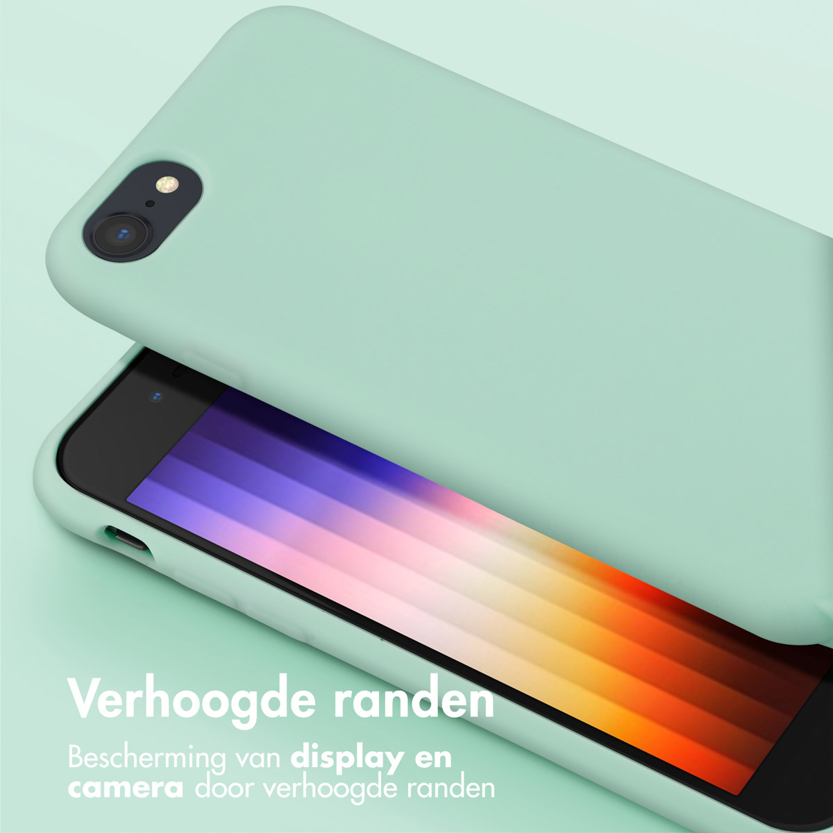 Mintgroene telefoonhoes met een telefoon die een regenboogdisplay toont.