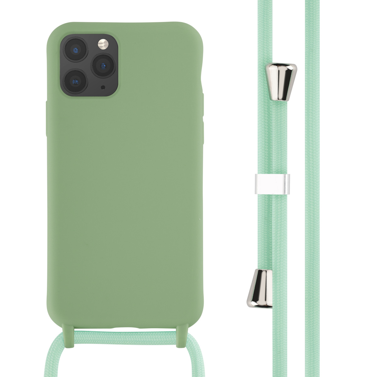 Custodia verde con cordino verde. Hardware argentato. Sfondo bianco.