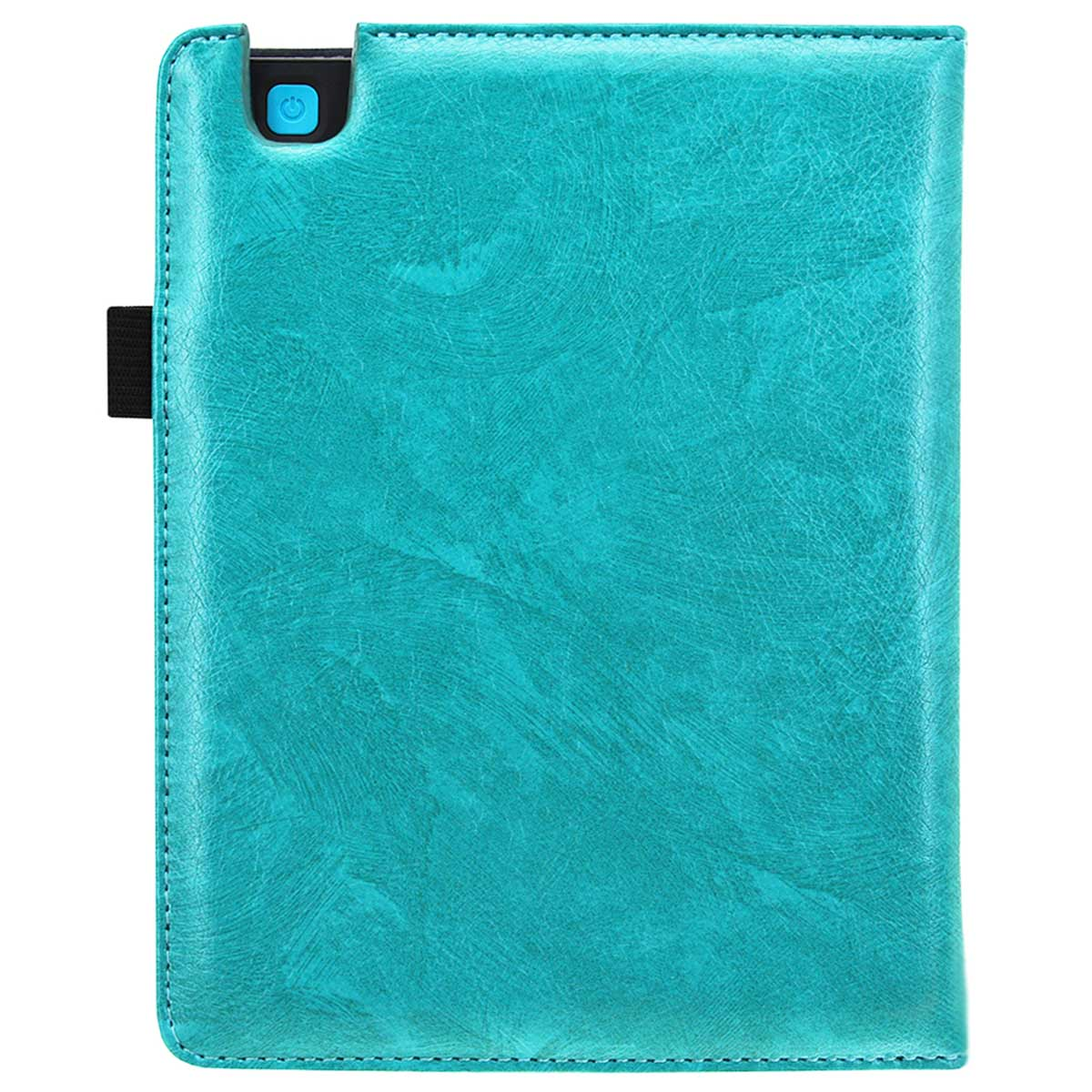 Teal-kleurige telefoonhoes. De hoes heeft een knop aan de bovenkant en een sluiting.