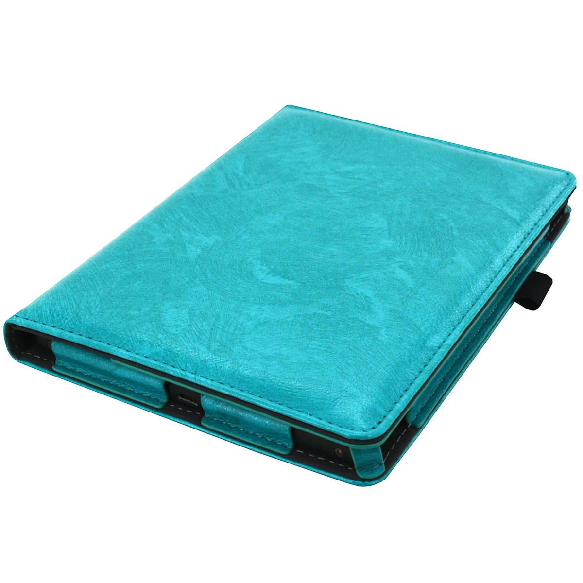 Turquoise tablethoes. Gesloten, getextureerd oppervlak. Zwarte rand en stiksels. Witte achtergrond.