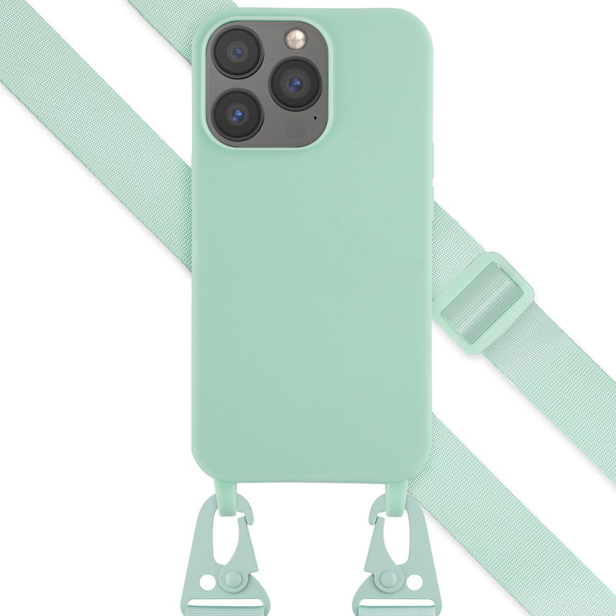 Mintgroene telefoonhoes met mintgroene band en clips, witte achtergrond, telefoon zichtbaar.