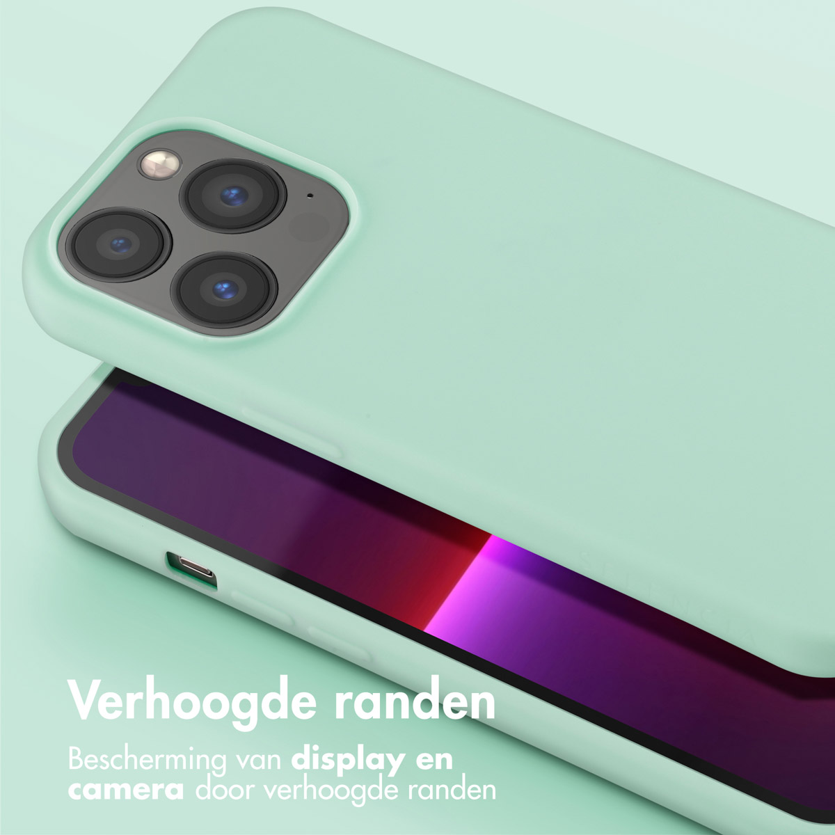 Mintgroene telefoonhoes met een telefoon.