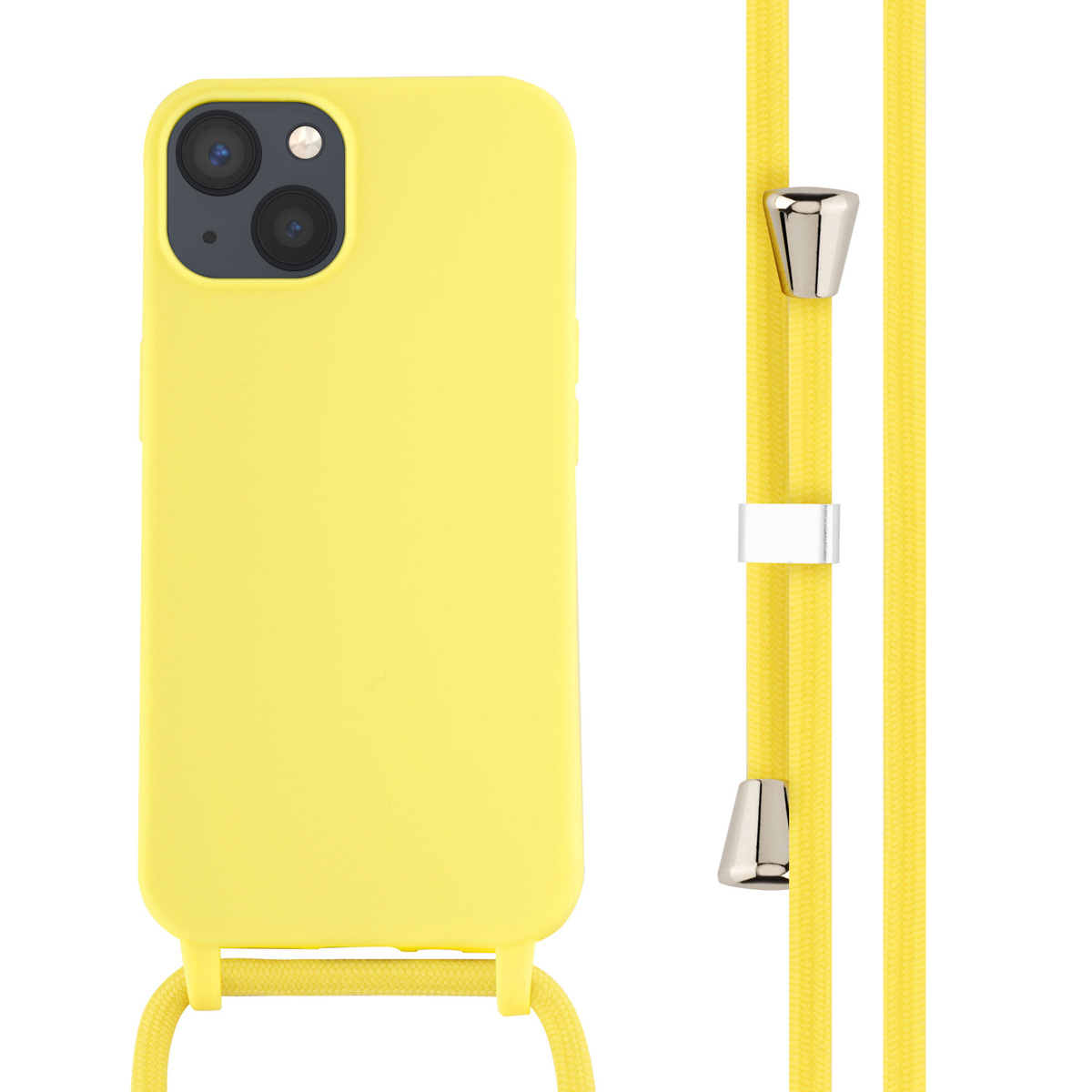 Coque de téléphone jaune avec sangle jaune. Pièces métalliques au bout de la sangle. Le téléphone a trois caméras.