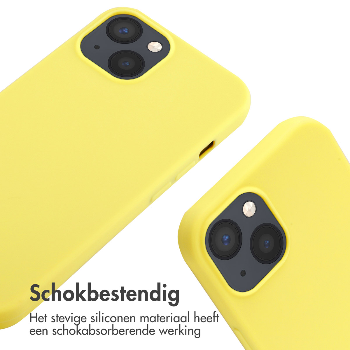 Deux coques de téléphone jaunes. Le texte dit 'Résistant aux chocs'. Le matériau en silicone a des propriétés d'absorption des chocs.