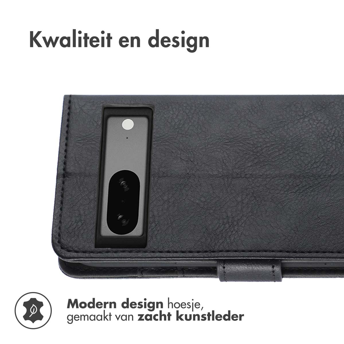 Coque de téléphone noire avec un téléphone à l'intérieur. La coque est en similicuir souple.