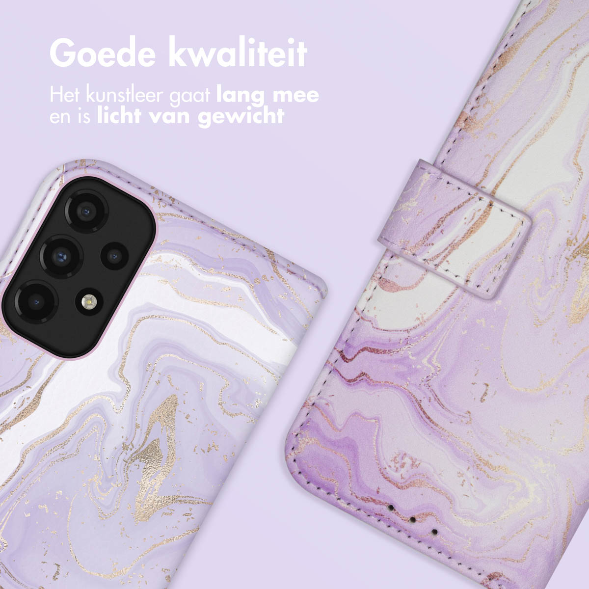 Lila Marmormuster Handyhülle und Brieftasche mit Goldakzenten.