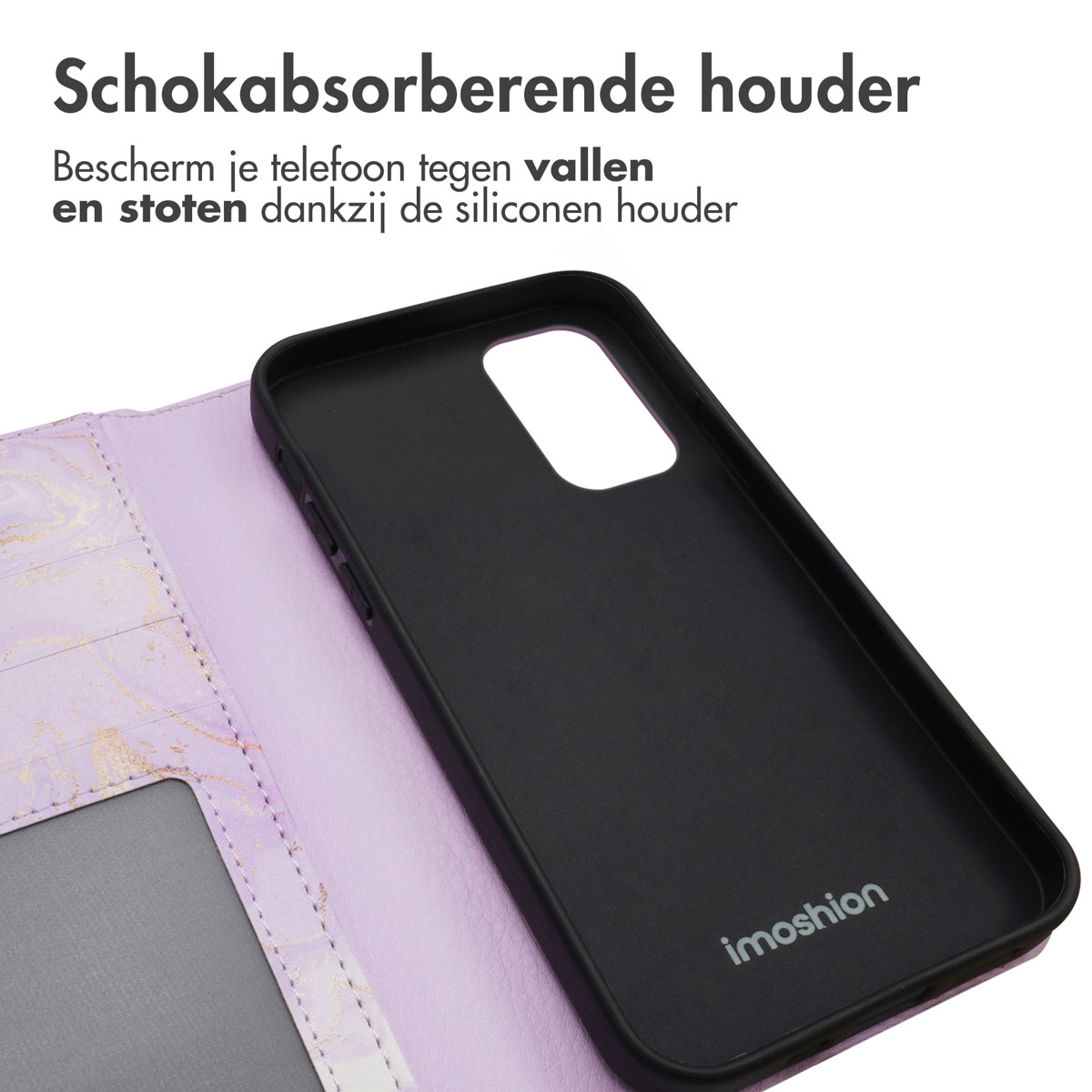 Ein schwarzes Handyhülle mit einem lila Marmormuster-Flip. Innen ist eine Aussparung.