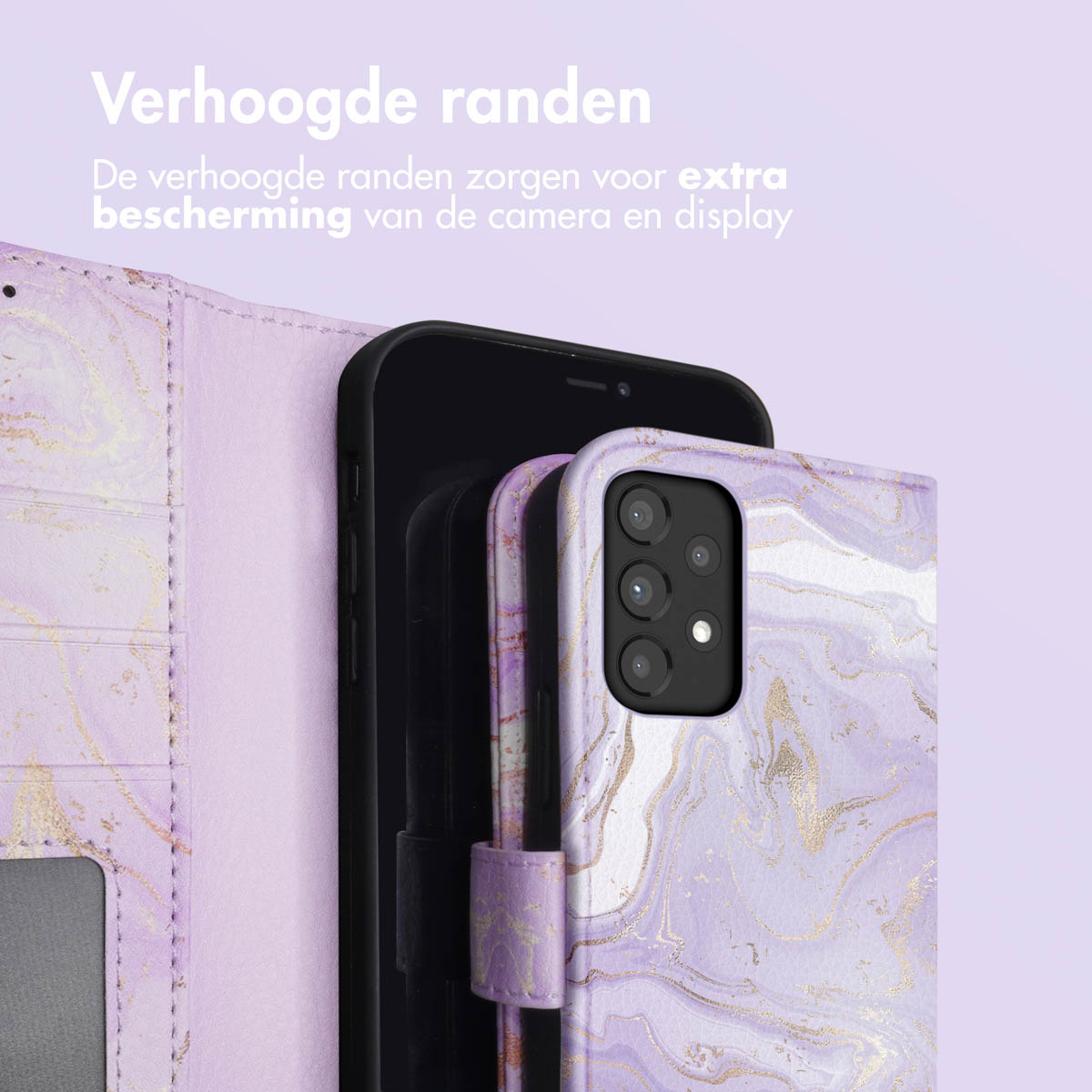 Lila Marmor-Handyhülle mit erhöhten Rändern, die eine Kamera und ein Display schützt.