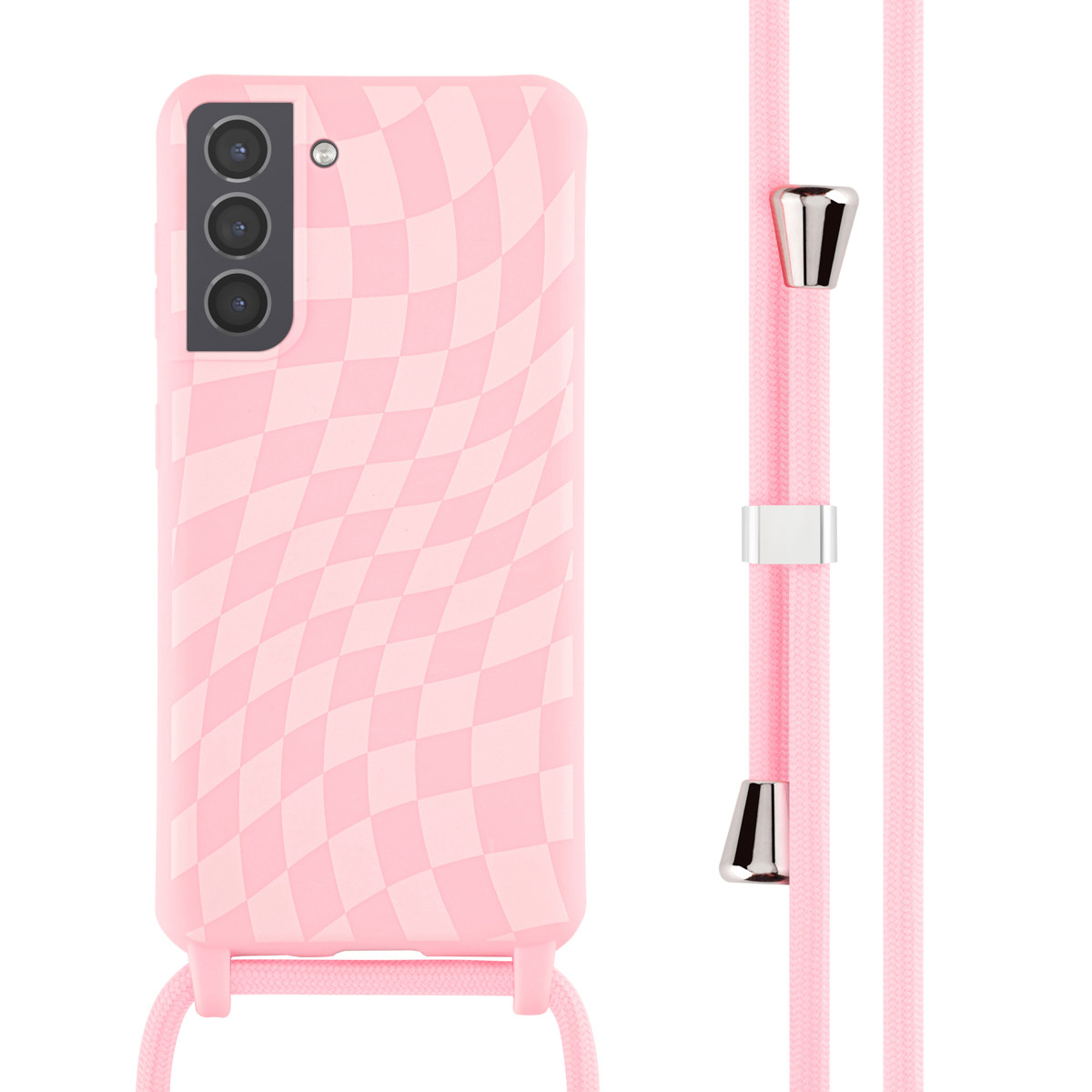 Roze telefoonhoesje met een geruit ontwerp en een riem. De riem is roze met zilveren accenten.
