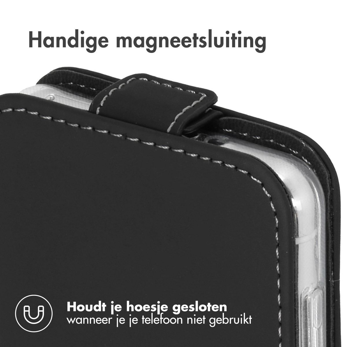Black phone case with magnetic closure and white stitching.