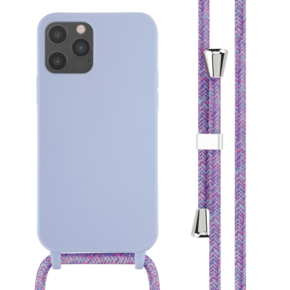 Coque de téléphone bleu clair avec une sangle tissée. La sangle a des fils roses et bleus.